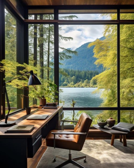 Modern workspace with stunning mountain lake view through floor-to-ceiling windows